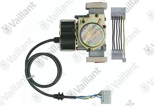 Vaillant Gasarmatur mit einem Motor, Kabeln und Anschlussstecker, für die Steuerung und Regulierung des Gasflusses in Heizsystemen.
